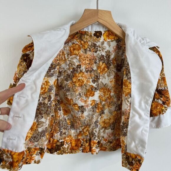 VTG Handmade Women Small Brown White Floral Collared Babydoll Cropped Top Blouse - Picture 9 of 14